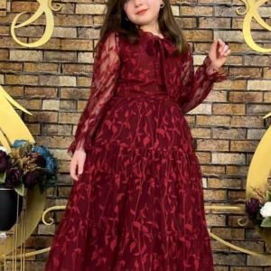 Dantelli Yaprak Desenli Tam Boy Bordo Çocuk Abiye Aby4463