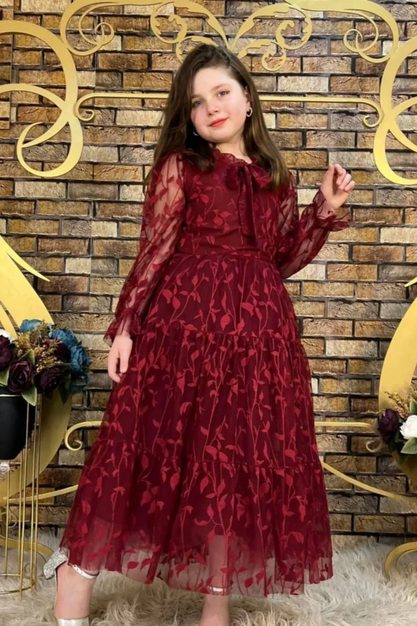 Dantelli Yaprak Desenli Tam Boy Bordo Çocuk Abiye Aby4463