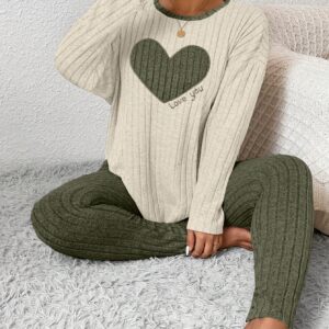 Plus Size Heart Fitted Long Sleeve And Long Pants Loungewear Set